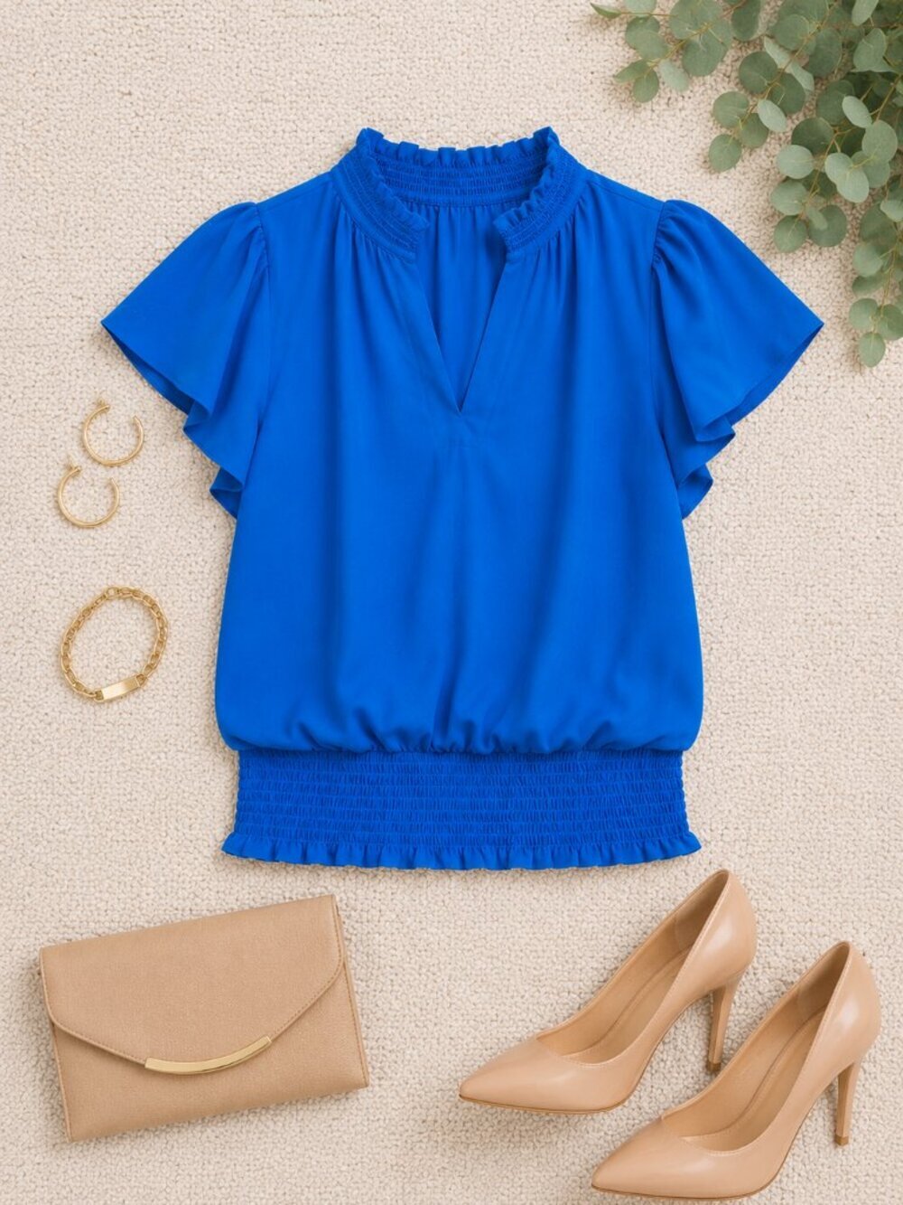 Sam & Jess Blue Jay Smocked Waist Flutter Sleeve Top V-Neck Blouse Size S NWT